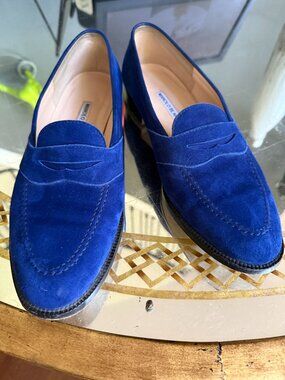Manola Blahnik  Blue Suede Penny Loafers  size 40